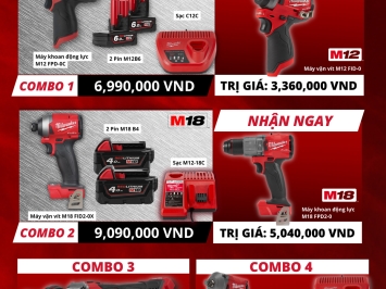 Nhận ngay máy khoan động lực M18 FPD (trị giá 5.040.000) khi đặt máy combo 2 bao gồm: 01 máy vặn vít M18 FID + 2 pin M18 B4 + 01 sạc M12-18 C = giá 9.090.000 VND.